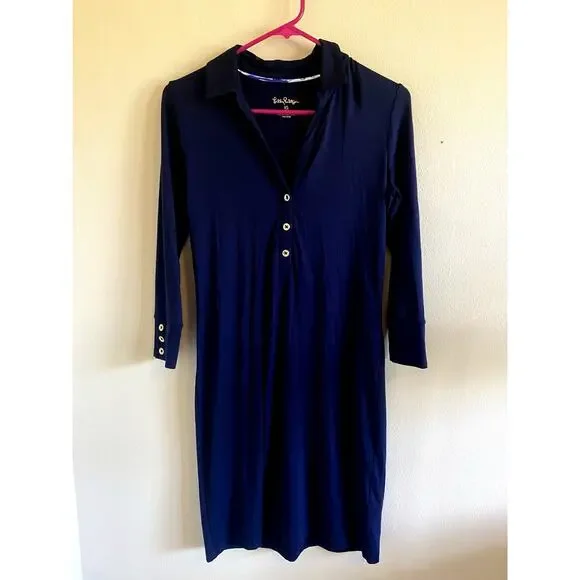 Lilly Pulitzer Navy Blue Gold Tone Button Collared Jersey Knit Dress‎ Womens XS - Picture 9 of 16